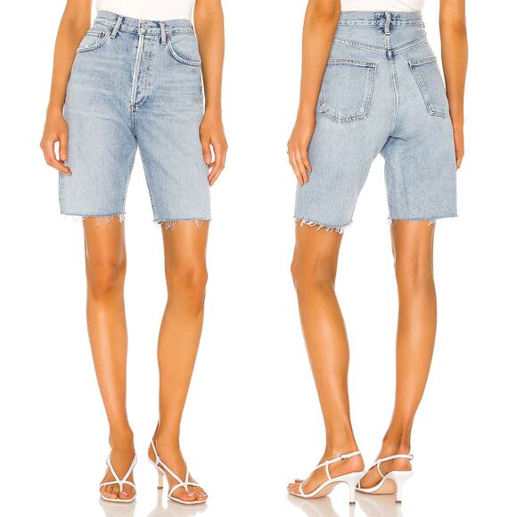 AGOLDE 90s Denim Shorts Women’s Size 29 Riptide Blue Frayed Hem Organic Cotton - Picture 1 of 5